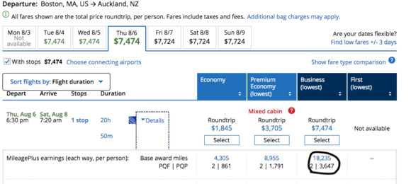 Screen shot of possible flights BOS->AKL