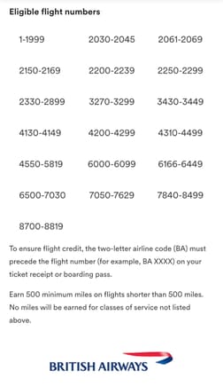 BA Eligible Flight Numbers that accrue to Mileage Plan. 
