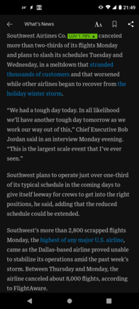 "Southwest plans to operate just over one third of it's schedule over the coming days"