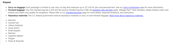 Second screenshot with the baggage verbiage