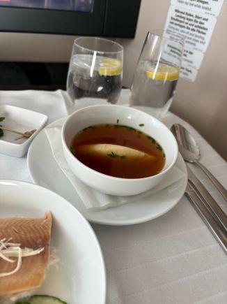 Clear beef broth with semolina dumpling. Meh.