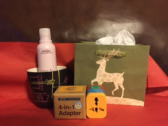 Wonderful gifts were unwrapped yesterday!  You provided a beautiful coffee mug and ironically  Miss Chele ( other secret Santa) sent great coffee.  Planning an international trip for the summer and the adapter will be joining me.  My arms and legs are now soft thanks to the Aveda!

Thank you so much for the lovely gifts!  