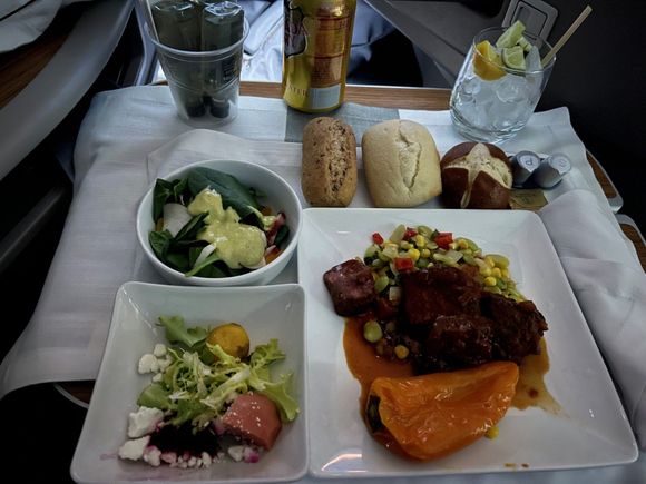 One tray service - this is how it was presented. G&T (well, FA gave me 3 bottles, of which 2 went back); beef brisket, salads and 3 breads.