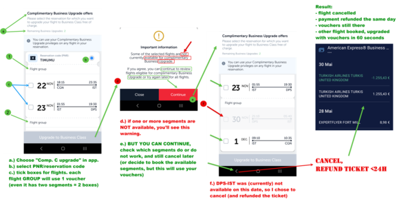 Checking voucher upgrade from the app — don't be afraid to continue after the warning to see the flights that work, but do cancel THEN if you want all of them upgraded. 