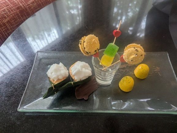 The two chocolates were nice, ( It is a Movenpick ) but unsure what the other items were, as air-conditioner was not on when we went into the room.