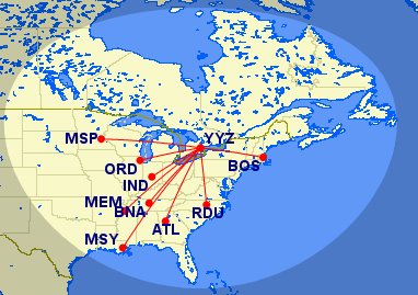 Possible routes from YYZ within Q400's range