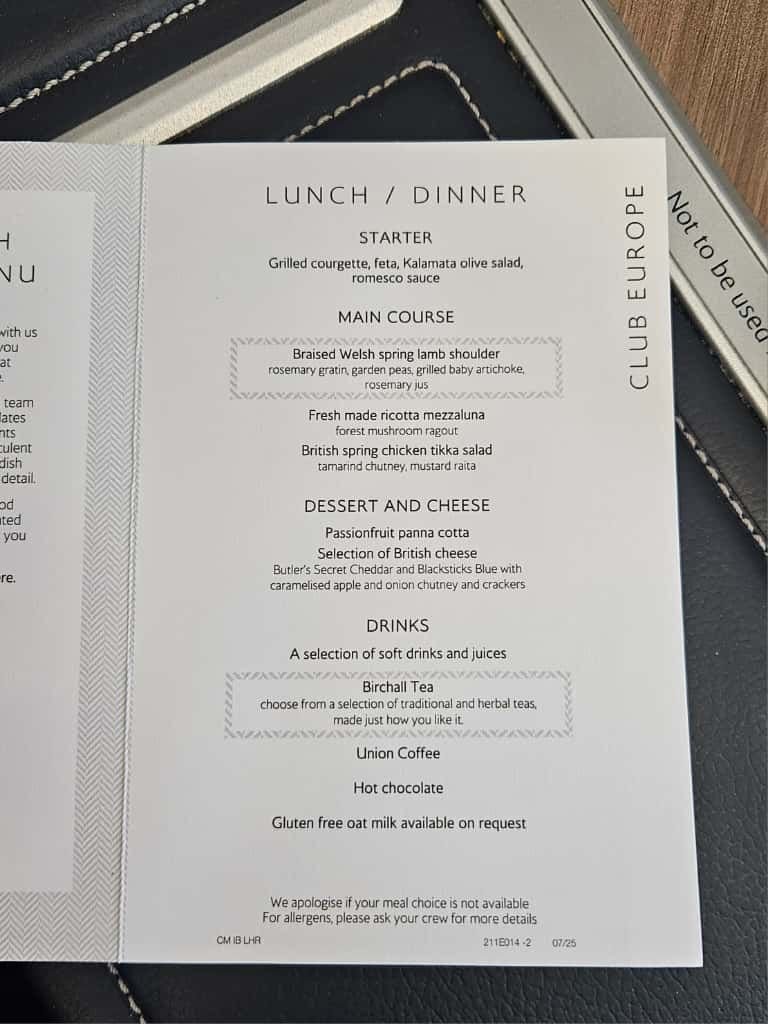 Evening Dinner Menu from PDL (BA523)