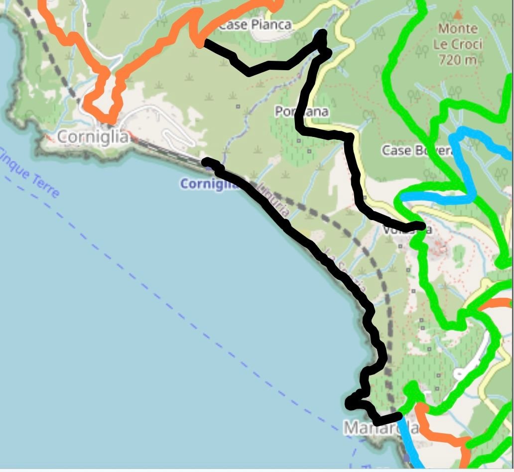 In 2012,  four of us aged between 59 and 68 in average physical shape hiked the high trail from Volastra to Corniglia and did not find it difficult. We took a bus from Manarola to Volastra which saved a lot of uphill hiking. We then walked the black trail in the picture to the orange trail into Corniglia. We had a drink in the main part of the town to celebrate us grandparents doing this hike then took a bus down to the train station. The scenery was incredible and we highly recommend doing it. 