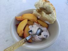 Yogurt with fruit, bread and honey