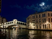 Rialto bridge from our room window with a nearly full moon