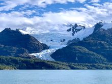 The captain, wanting to impress a rare passenger, his wife, opted to steer the boat down this narrow fjord of gorgeous glaciers. Apparently he had never done that before.