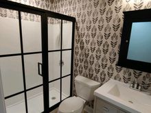 
Small footprint bathroom but feels larger with a narrower vanity, white shower to replace tub/shower, new lighting, custom medicine cabinet.  Floor is much grayer IRL, it’s a mix of beige, gray and white. No idea where the light rusty color is coming from! 