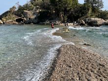 This is another picture to enlarge to see the stone house on the island. The lady in pink is my tour friend. This is also Taormina and that’s the Mediterranean Sea. Think White Lotus, Season 2. 