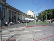An invitingly long row of book stalls along the south side of Constitution Plaza.