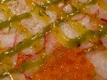 Close up of Carpaccio of Carabineros...globules of trout roe and two vinaigrettes--one dominated by basil and the other by (maybe) mustard..