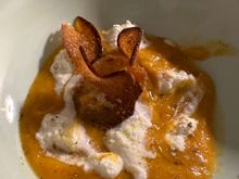My antipasti at the excellent LA PINNATA DE MONSU RESTAURANT, outside Malfa town; Cream of Pumpkin with a jammy egg, dusted with bread crumbs, dollops of robiola cheese, and crispy razor-thin bread rounds baked with olive oil 16 euro