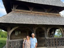 Ed and I in front of the small wooden church