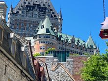 Looking up from the Quartier Petit-Champlain to the Chateau Frontenac