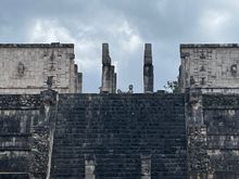 Temple of the Warriors, there are some great carvings on the structure and all the way at the top, between those pillars is a reclining Chaac Mool.