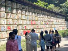 Sake barrels lined up at the exit