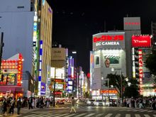 Down a side street, so many shops and restaurants