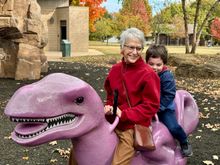Never seen him so happy for so long. He was smiling for well over an hour running from one play thingy to another with Joyce is tow. He doesn't let her out of his sight! This T-Rex rocker seemed to be his favorite.