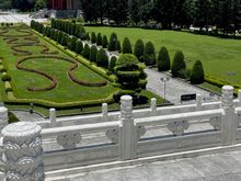 Looking down at the garden from the top of the stairs