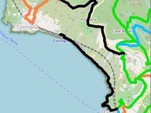 In 2012,  four of us aged between 59 and 68 in average physical shape hiked the high trail from Volastra to Corniglia and did not find it difficult. We took a bus from Manarola to Volastra which saved a lot of uphill hiking. We then walked the black trail in the picture to the orange trail into Corniglia. We had a drink in the main part of the town to celebrate us grandparents doing this hike then took a bus down to the train station. The scenery was incredible and we highly recommend doing it. 