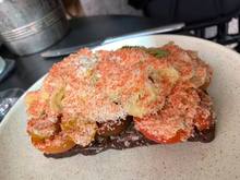 The star - tomatoes with mayo and garlic chips and a light dusting of cheese.  So simple and bursting with flavour. 