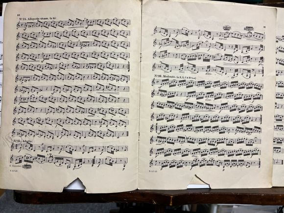 Not quite as old as Michael's but this is my first serious horn study book from 1954. It means a great deal to me because my teacher then was Ranier DeIntinis of the NY Philharmonic and I treasure his memory.  I was 13  at the time.   These Kopprasch studies are used by Horn Players throughout their careers. 