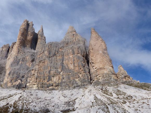 Hikers on path, rock climbers on right peak (mid way)