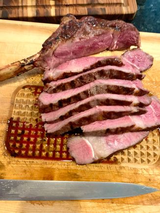 We brought this Cowboy steak to the party which was perfectly sous vide to medium rare and then seared over a hot charcoal grill.