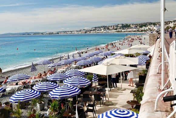 Nice’s beaches are rocks, no sand, but didn’t matter to the sun bathers.