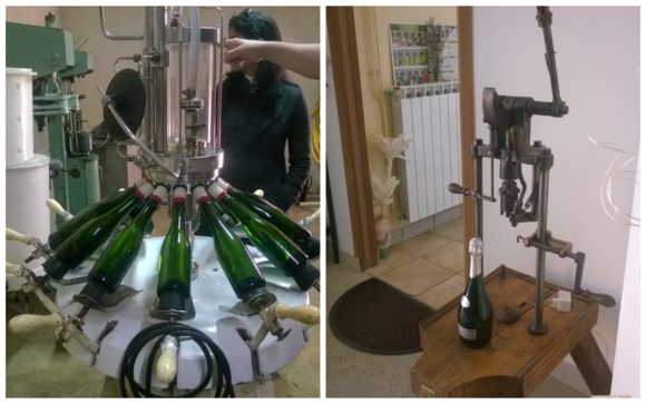 A procedure called "disgorgement." This involves uncorking the bottles during the second fermentation to dislodge the yeast sediment that had accumulated. The bottles were stored at an angle so that sediment would settle in the neck . Upon releasing the cork, pressure forced sediment to be expelled from the bottle. An expert "disgorger" could then quickly re-cork the bottle before losing any of the precious bubbly.