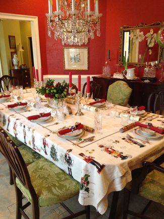 Gold and white china looks a lot less formal with Nutcrackers everywhere.