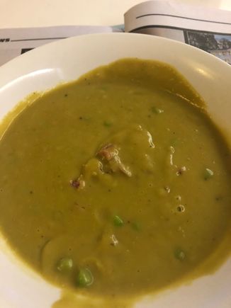 Pea and ham soup with fresh peas - well frozen !
A yummy winter dish . 
