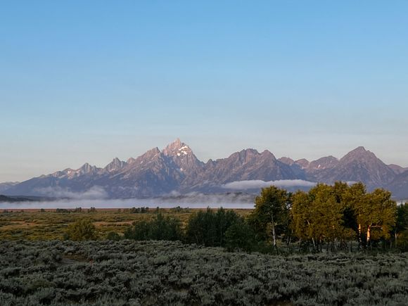 View of morning sunlight on the Tetons from our room