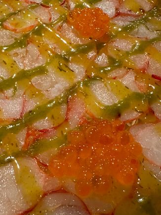 Close up of Carpaccio of Carabineros...globules of trout roe and two vinaigrettes--one dominated by basil and the other by (maybe) mustard..