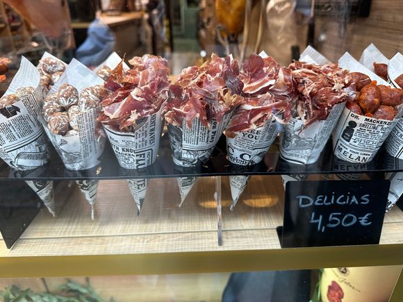 Cones of jamon in Santiago shop window!!