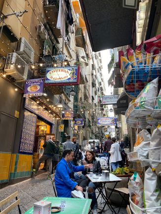 Stopping for espresso along a small street off Via Toledo