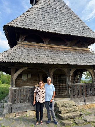 Ed and I in front of the small wooden church