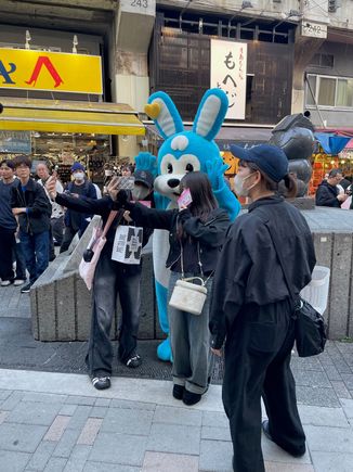Just south of the Ueno Station is Ameyoko Market street.  I should have taken more pictures, but it's a typical crowded market street selling everything from headphones to raw fish.  Something was happening here with the giant blue bunny.
