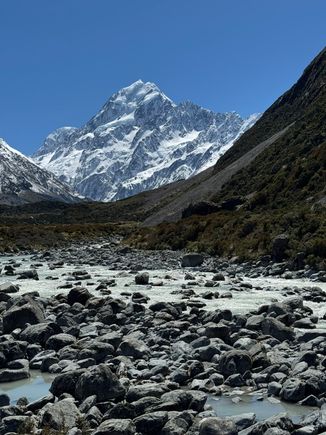 The Hooker River with Aoraki/Mt. Cook in the background.