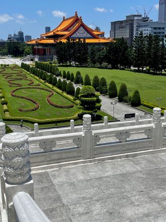 Looking down at the garden from the top of the stairs