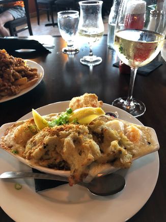 My husband's delicious Ocean Bake dinner at Clam Diggers Restaurant