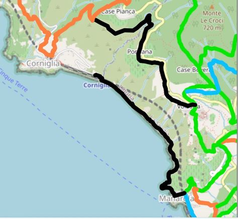 In 2012,  four of us aged between 59 and 68 in average physical shape hiked the high trail from Volastra to Corniglia and did not find it difficult. We took a bus from Manarola to Volastra which saved a lot of uphill hiking. We then walked the black trail in the picture to the orange trail into Corniglia. We had a drink in the main part of the town to celebrate us grandparents doing this hike then took a bus down to the train station. The scenery was incredible and we highly recommend doing it. 