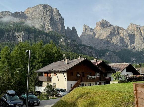 Arrived at our destination in Colfosco--our balcony view for the next week. At night, we could see Rifugio Pisciadù in the upper right, twinkling like a star at the top of the mountain.