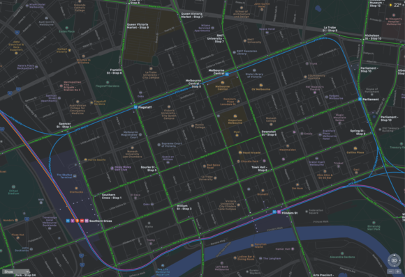 Melbourne CBD, showing tram routes