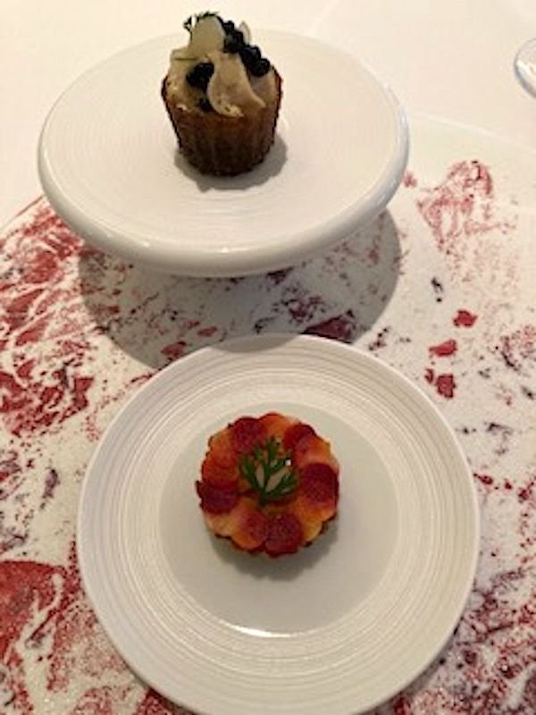 Petrus Canap�s (teeny tiny tomato tart and a fish pate cup)
