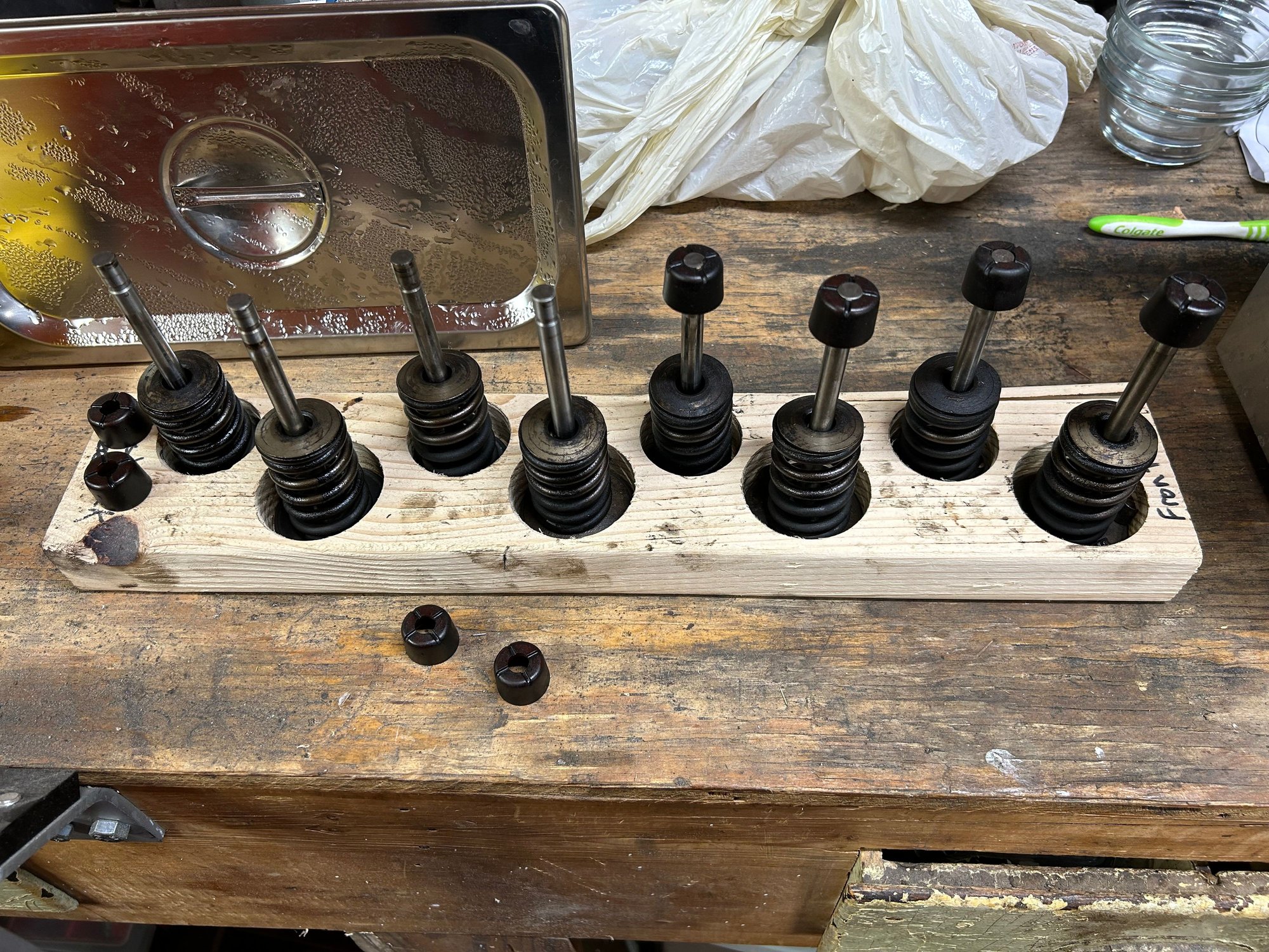 Starting to get things apart, seeing how dirty they are and how long I was gonna run them. I ended up running them two 20 minute cycles. they cleaned up pretty good for the most part, but I did need to scrub some heavier caked on oil gunk with some gasoline. 